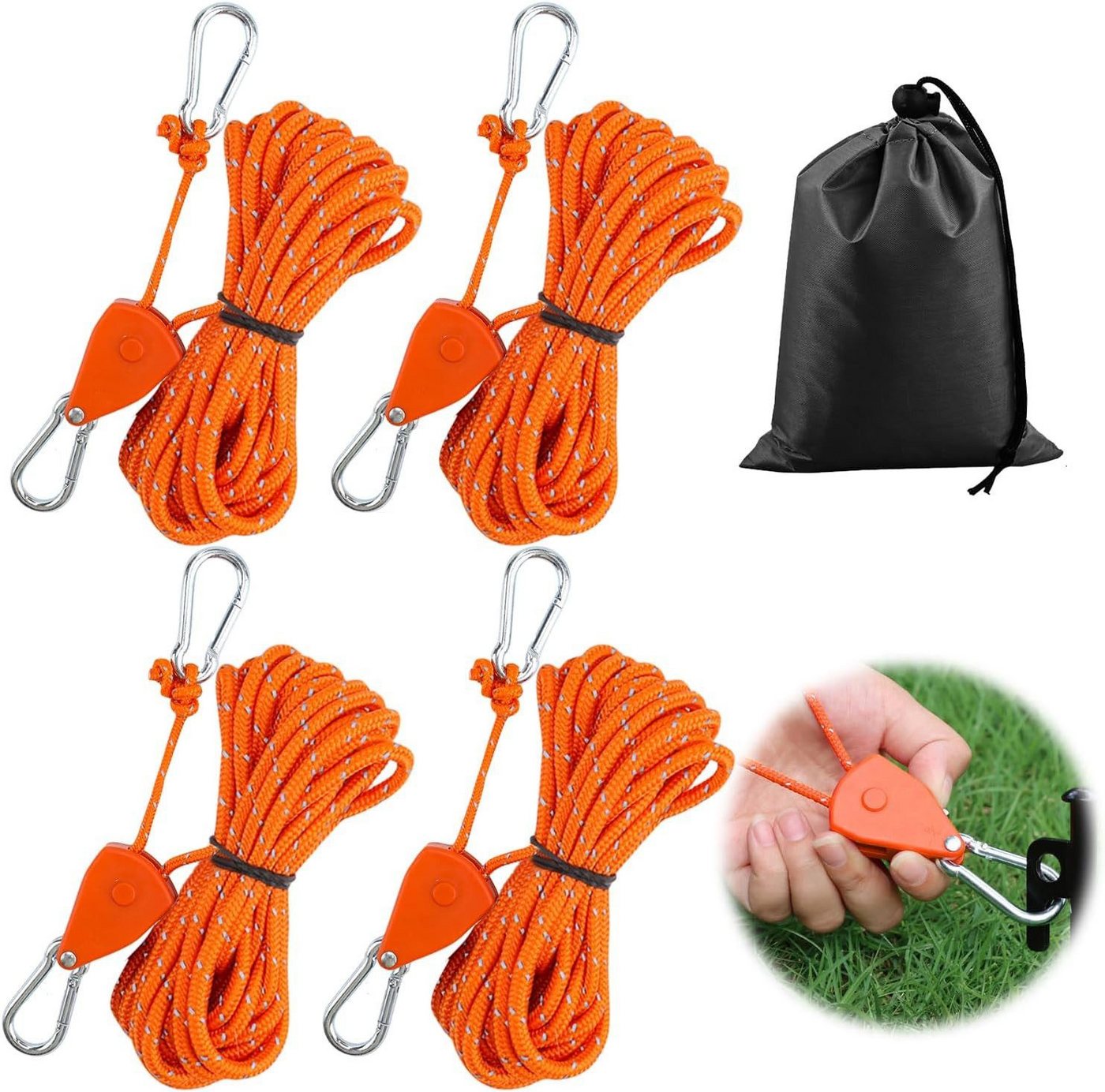 FELIXLEO Abschleppseil 4 STK 4mm Abspannseile 4m mit Seilspanner Reflektierend Orange (8-tlg) Bild 4