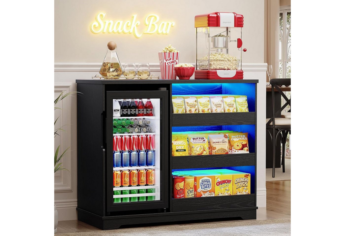 BROTTAR Kühlschrank Snackschrank - Kaffeebar mit Kühlschrank, LED-Beleuchtung BC-92S, 83 cm hoch, 100 cm breit, mit Stauraum und Bewegungssensor, Schwarz