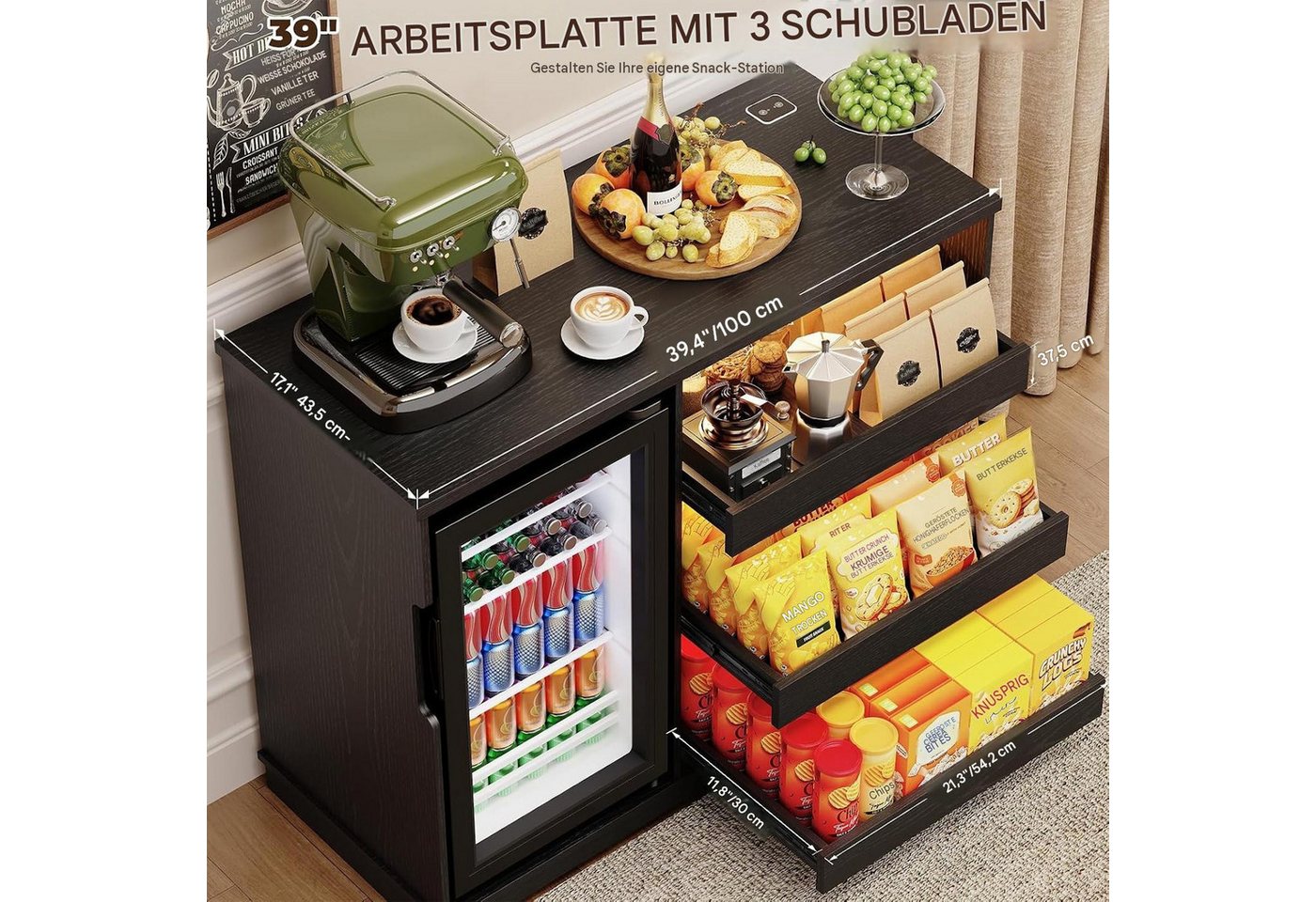 BROTTAR Kühlschrank Snackschrank - Kaffeebar mit Kühlschrank, LED-Beleuchtung BC-92S, 83 cm hoch, 100 cm breit, mit Stauraum und Bewegungssensor, Schwarz Bild 3