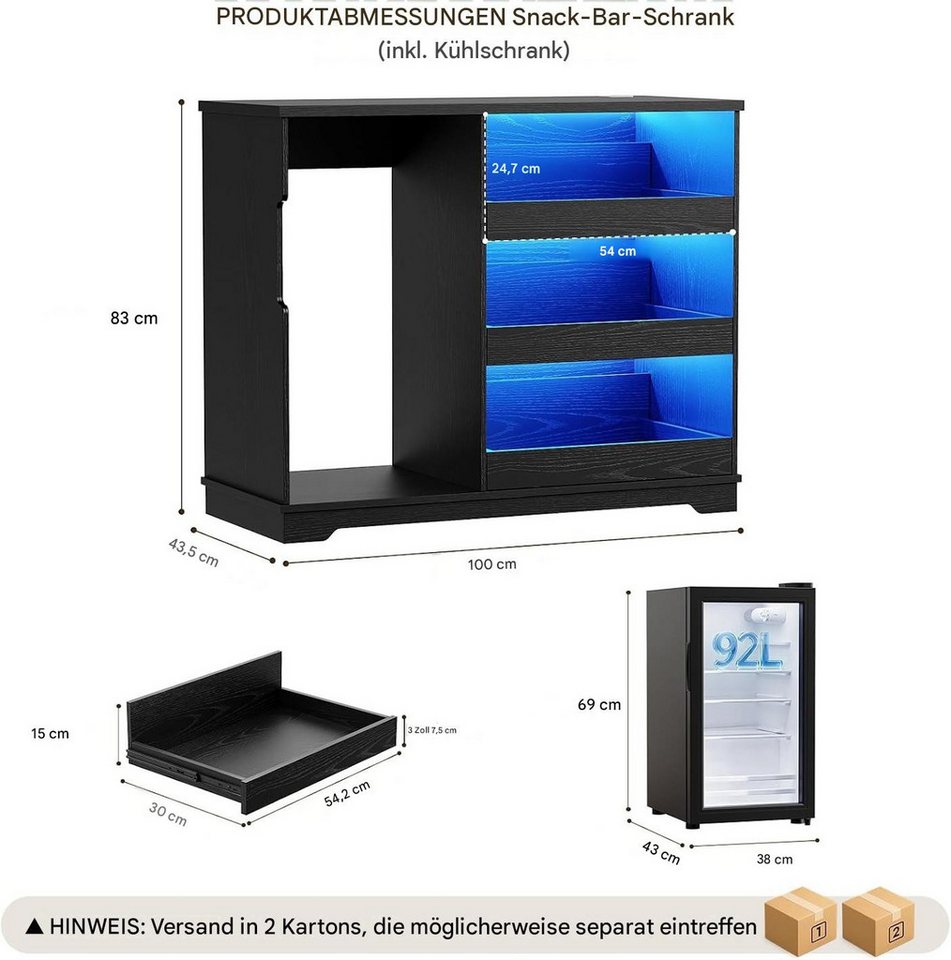 BROTTAR Kühlschrank Snackschrank - Kaffeebar mit Kühlschrank, LED-Beleuchtung BC-92S, 83 cm hoch, 100 cm breit, mit Stauraum und Bewegungssensor, Schwarz Bild 4