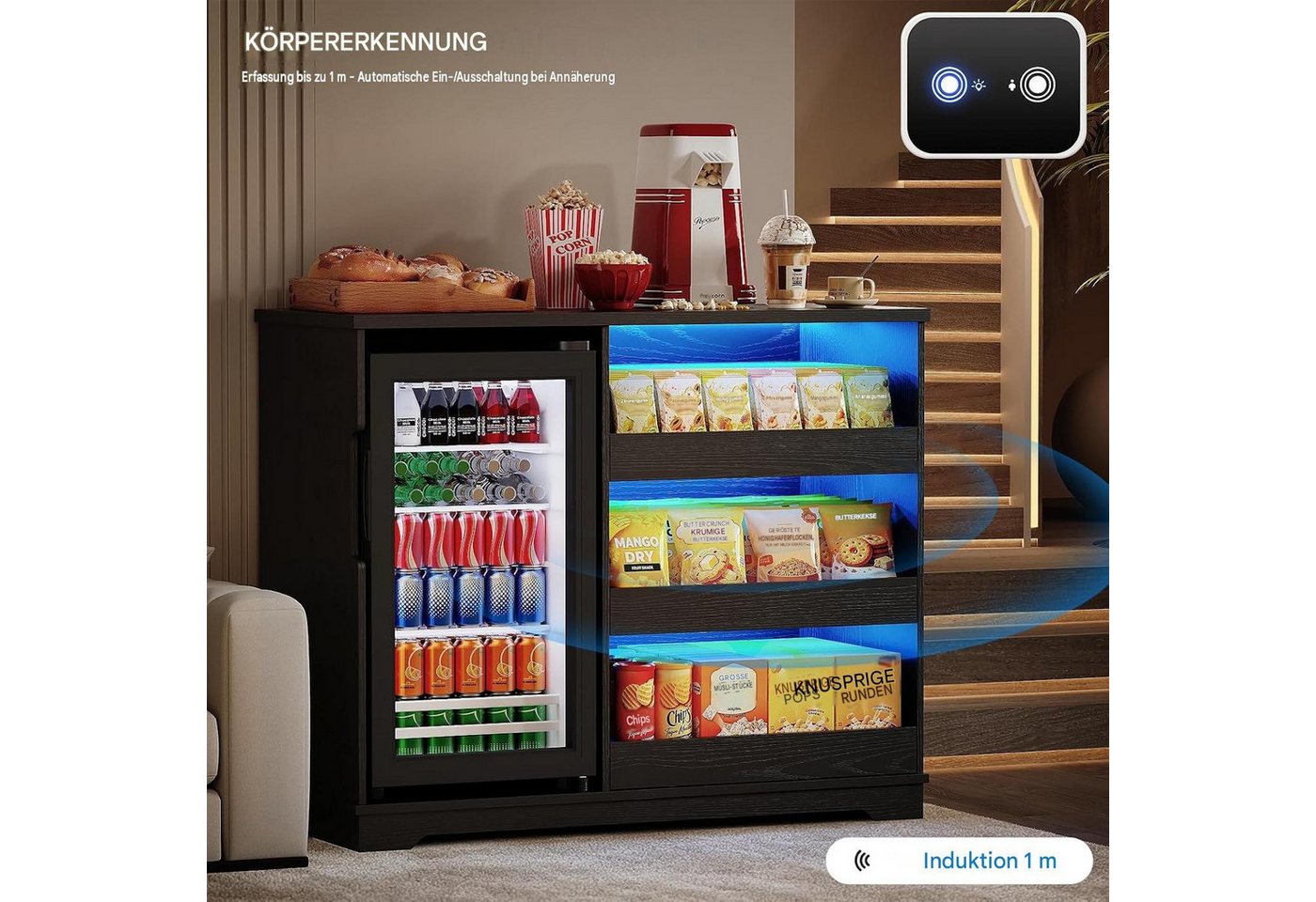 BROTTAR Kühlschrank Snackschrank - Kaffeebar mit Kühlschrank, LED-Beleuchtung BC-92S, 83 cm hoch, 100 cm breit, mit Stauraum und Bewegungssensor, Schwarz Bild 5