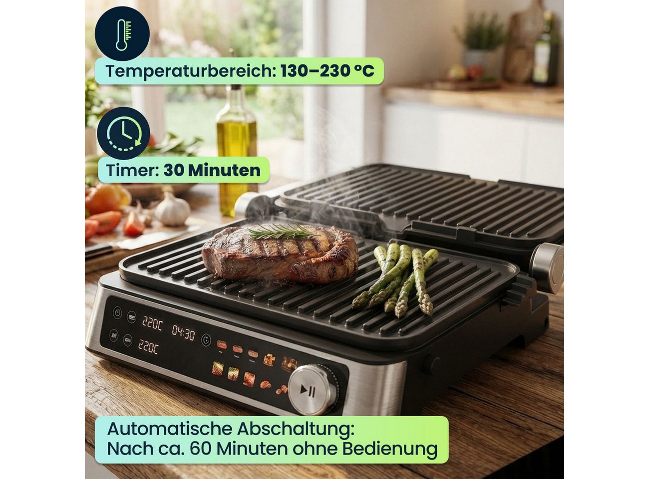 Casativo Kontaktgrill 2000W Kontaktgrill mit Farbdisplay & 2 Zonen, Tischgrill für Steak, 2000 W, Elektro-Kontaktgrill mit Farbdisplay, 2 getrennten Zonen, 180° Öffnung