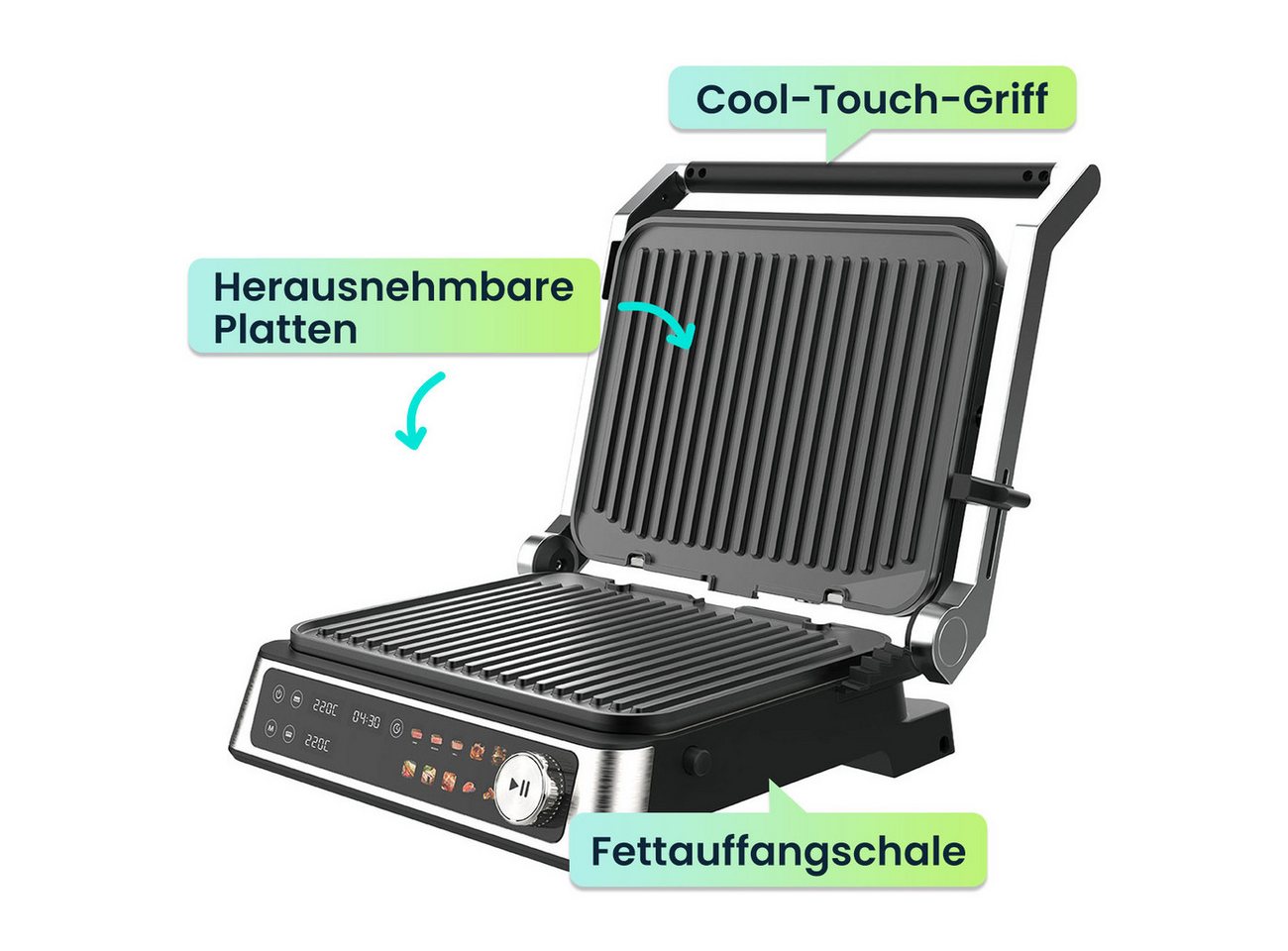 Casativo Kontaktgrill 2000W Kontaktgrill mit Farbdisplay & 2 Zonen, Tischgrill für Steak, 2000 W, Elektro-Kontaktgrill mit Farbdisplay, 2 getrennten Zonen, 180° Öffnung Bild 2