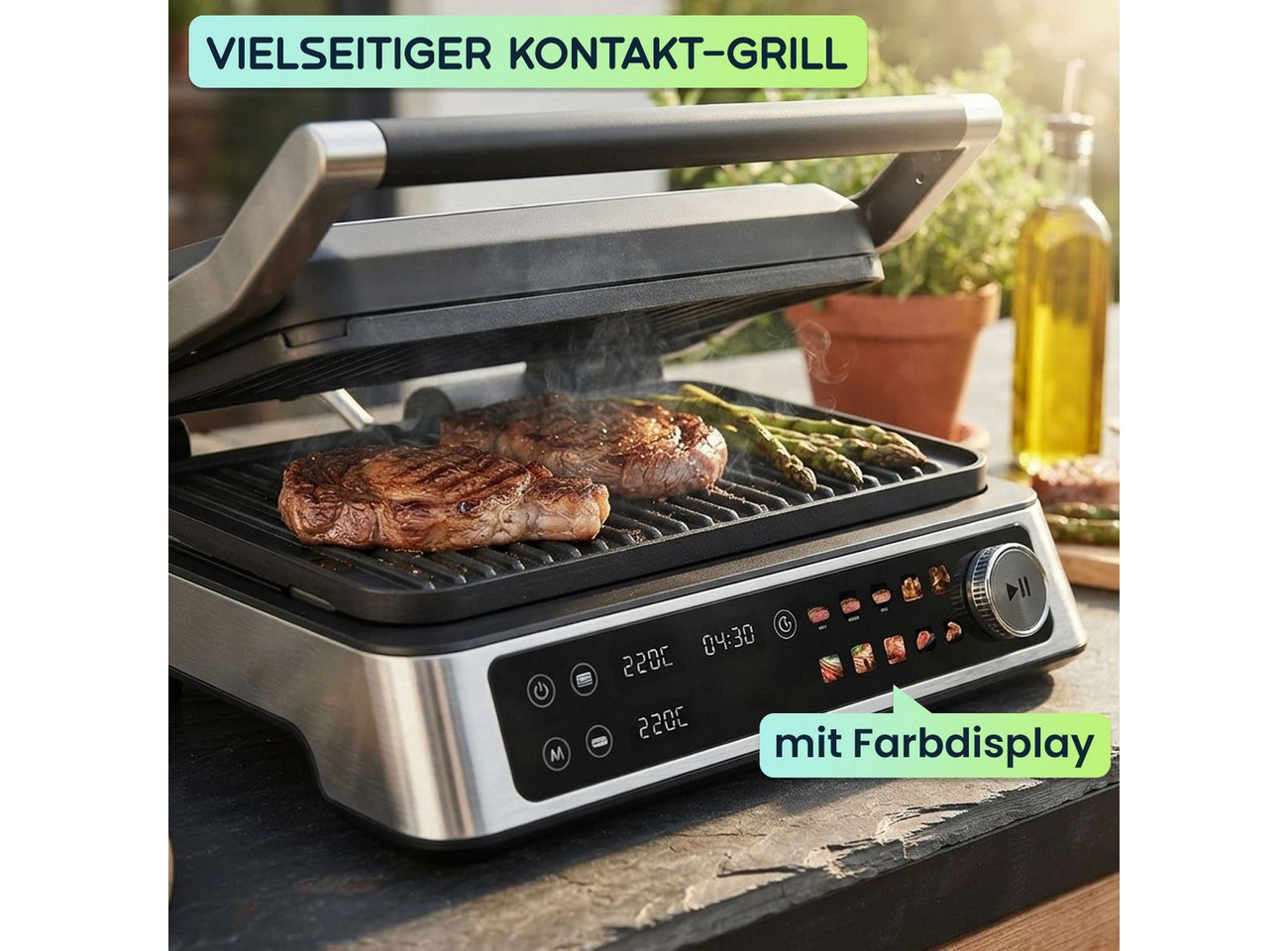 Casativo Kontaktgrill 2000W Kontaktgrill mit Farbdisplay & 2 Zonen, Tischgrill für Steak, 2000 W, Elektro-Kontaktgrill mit Farbdisplay, 2 getrennten Zonen, 180° Öffnung Bild 3