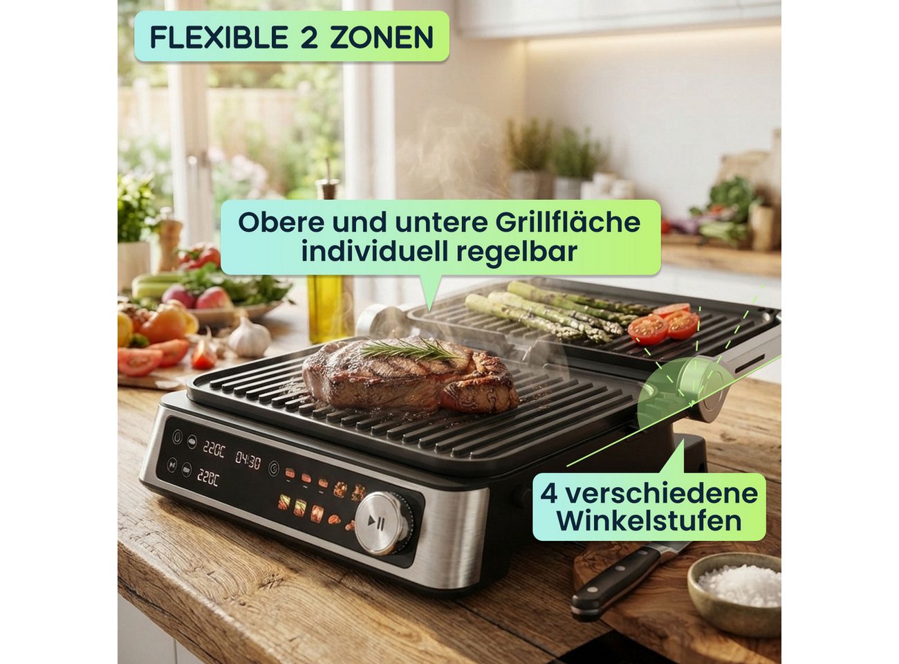 Casativo Kontaktgrill 2000W Kontaktgrill mit Farbdisplay & 2 Zonen, Tischgrill für Steak, 2000 W, Elektro-Kontaktgrill mit Farbdisplay, 2 getrennten Zonen, 180° Öffnung Bild 4