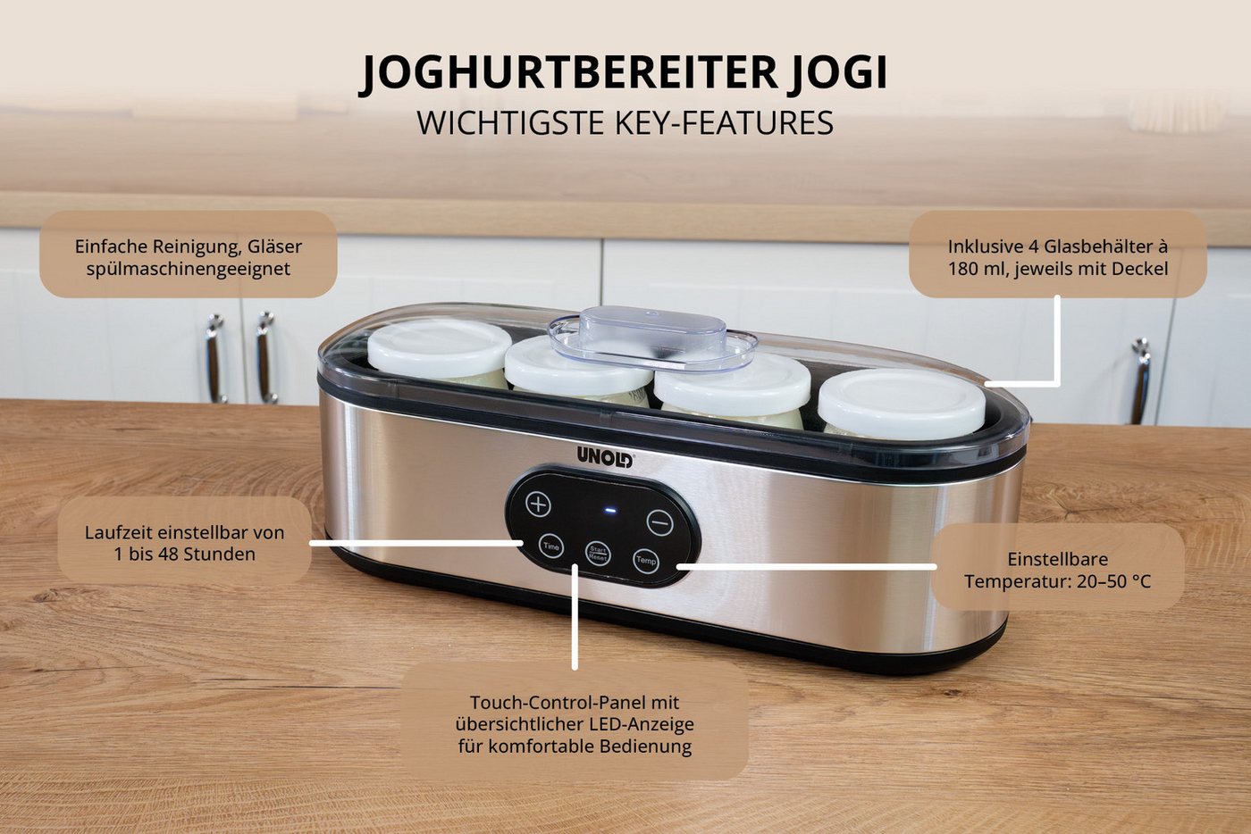 Unold Joghurtbereiter Jogi -, 4 Portionsbehälter, je 180 ml, - Kompakter Joghurtmacher, Temperatur (20–50 C) & Timer (1–48h)