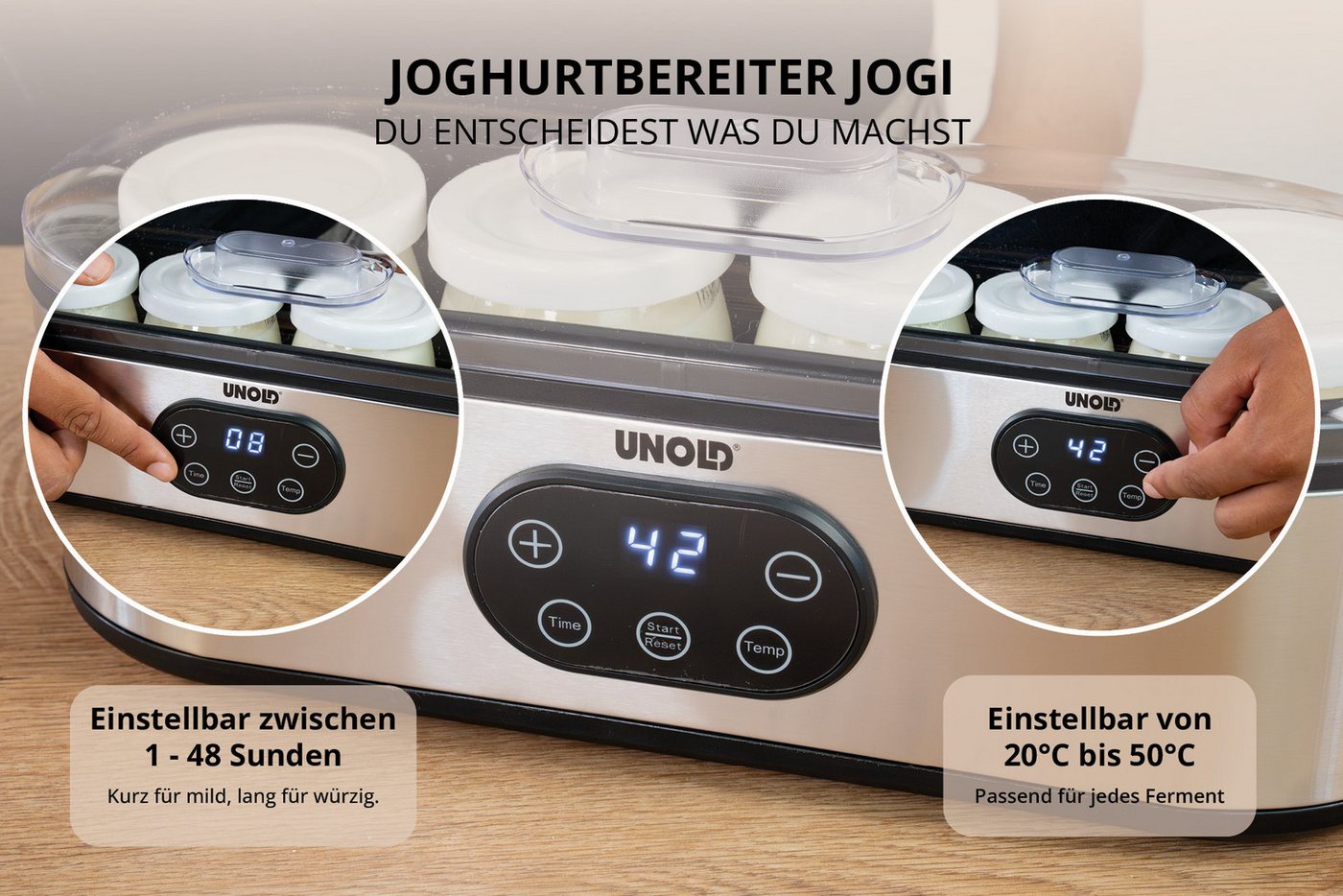Unold Joghurtbereiter Jogi -, 4 Portionsbehälter, je 180 ml, - Kompakter Joghurtmacher, Temperatur (20–50 C) & Timer (1–48h) Bild 2