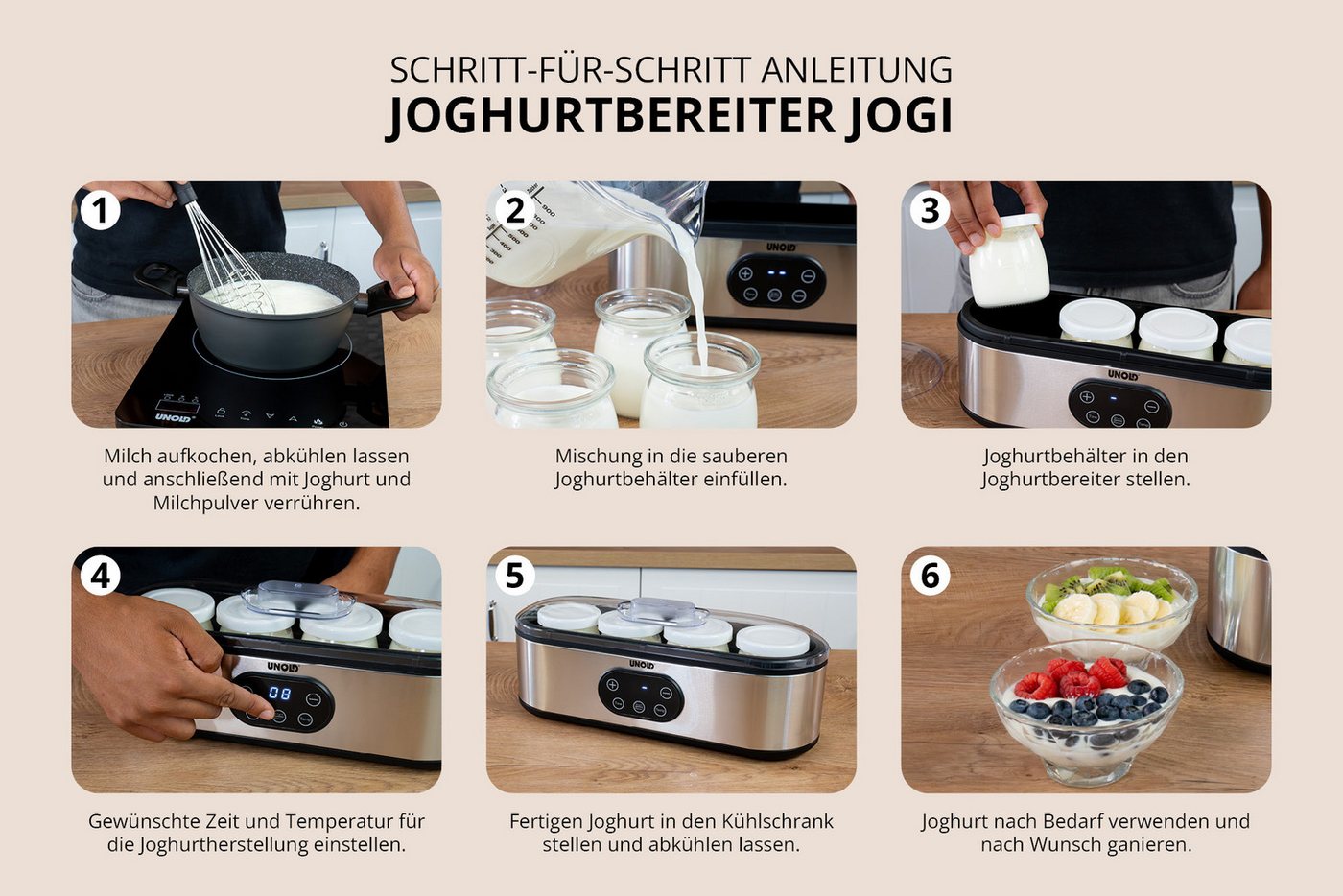 Unold Joghurtbereiter Jogi -, 4 Portionsbehälter, je 180 ml, - Kompakter Joghurtmacher, Temperatur (20–50 C) & Timer (1–48h) Bild 4