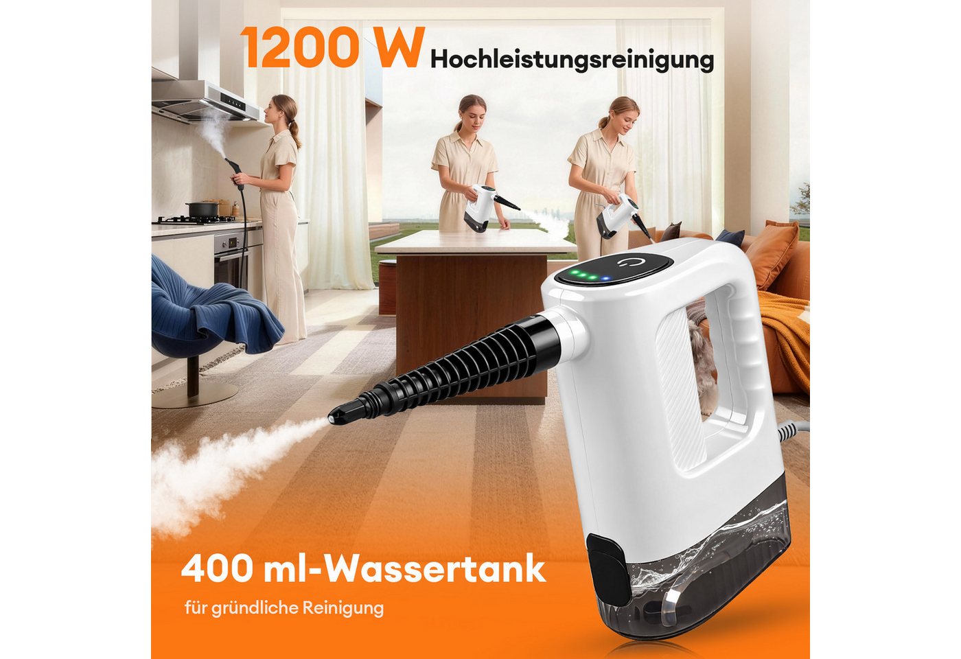 CkeyiN Handdampfreiniger Mehrzweck-Dampfreiniger 150-450 Kpa Dampf 3 Stufe 15s Aufheizzeit, 1200 W, mit 400-ml-Wassertank 13 Zubehörteilen gegen Fett-und Kalkablagerungen
