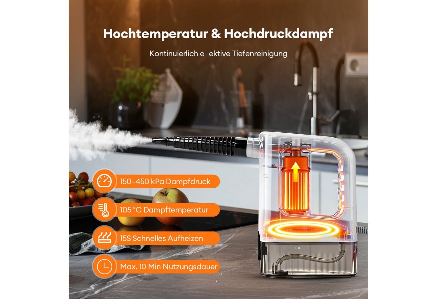 CkeyiN Handdampfreiniger Mehrzweck-Dampfreiniger 150-450 Kpa Dampf 3 Stufe 15s Aufheizzeit, 1200 W, mit 400-ml-Wassertank 13 Zubehörteilen gegen Fett-und Kalkablagerungen Bild 2