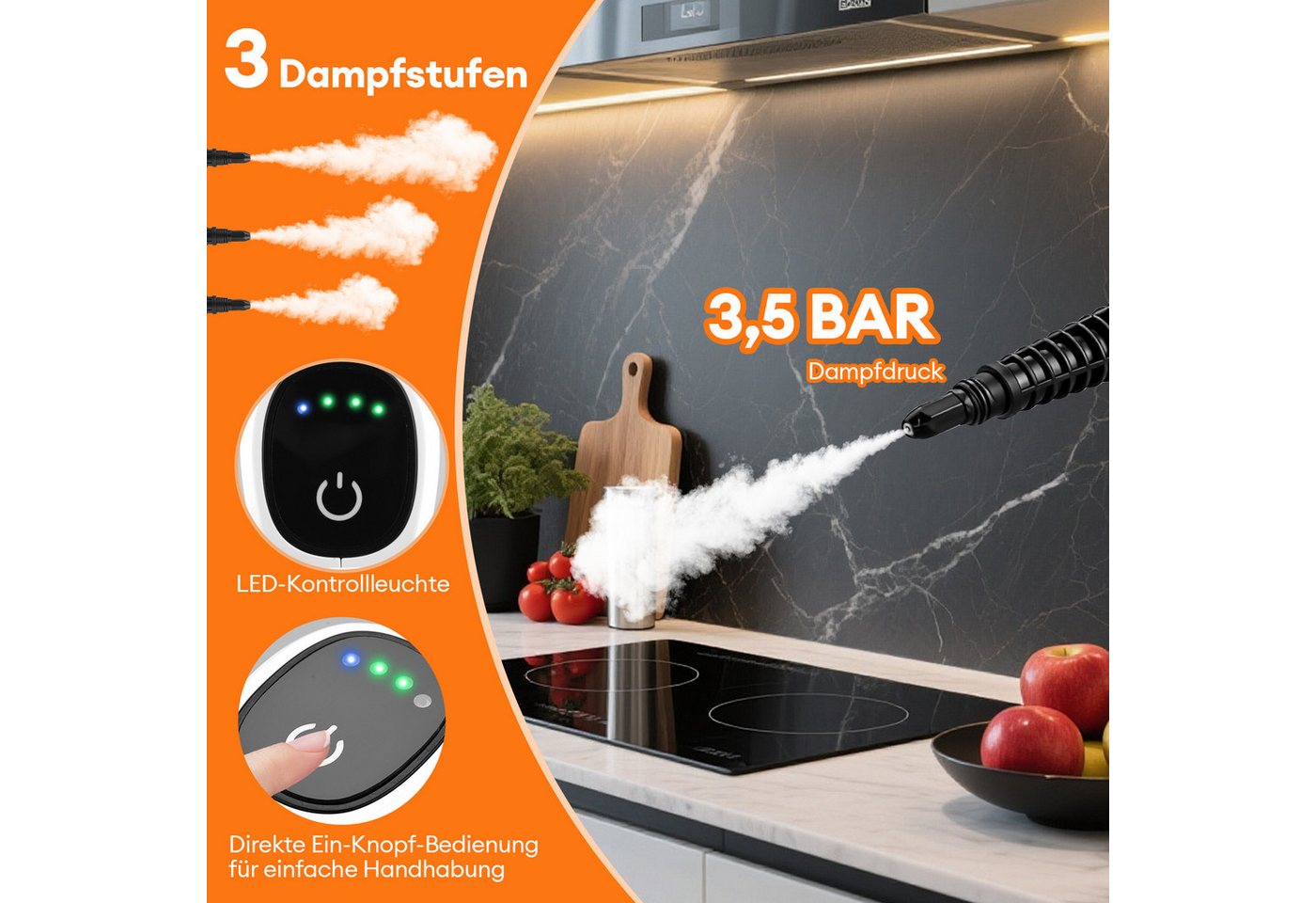 CkeyiN Handdampfreiniger Mehrzweck-Dampfreiniger 150-450 Kpa Dampf 3 Stufe 15s Aufheizzeit, 1200 W, mit 400-ml-Wassertank 13 Zubehörteilen gegen Fett-und Kalkablagerungen Bild 4