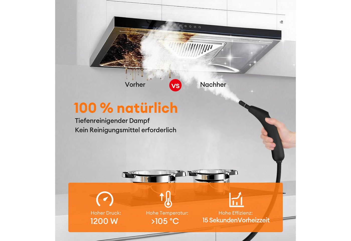 CkeyiN Handdampfreiniger Mehrzweck-Dampfreiniger 150-450 Kpa Dampf 3 Stufe 15s Aufheizzeit, 1200 W, mit 400-ml-Wassertank 13 Zubehörteilen gegen Fett-und Kalkablagerungen Bild 5