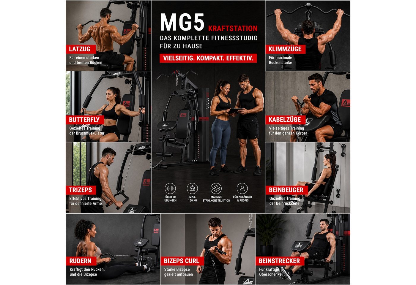 AsVIVA Kraftstation MG5 Pro Kraftstation Multi-Gym – Home Gym mit 73 kg Gewichtsblock, 13 Gewichtsblöcke (Trizepsseil, 2 Einzelgriffe, 2 Zugstangen, Montagezubehör), Kabelzugstation, Latzug, Butterfly Bild 2