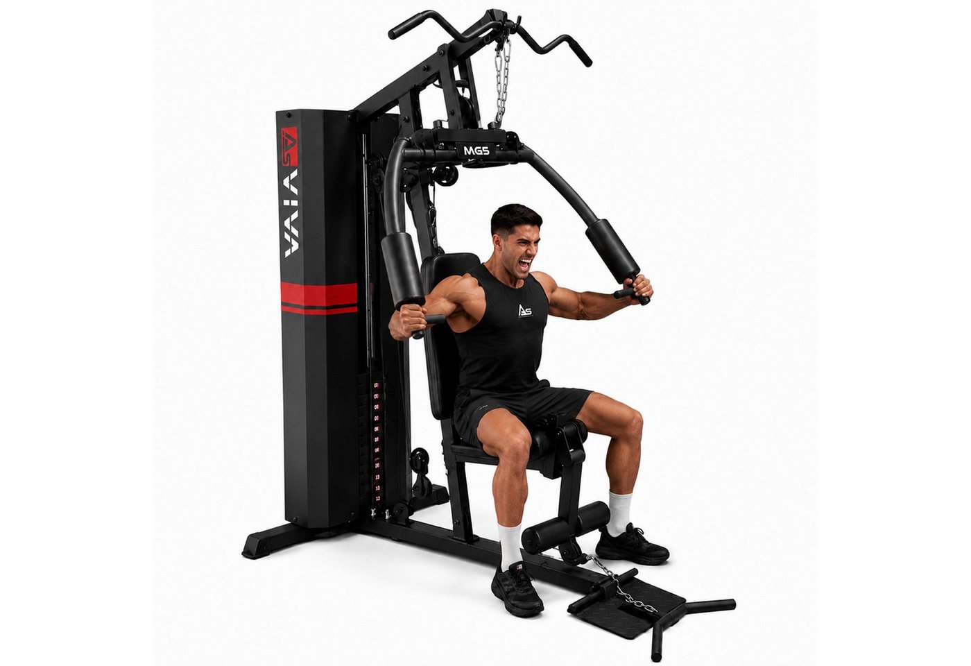AsVIVA Kraftstation MG5 Pro Kraftstation Multi-Gym – Home Gym mit 73 kg Gewichtsblock, 13 Gewichtsblöcke (Trizepsseil, 2 Einzelgriffe, 2 Zugstangen, Montagezubehör), Kabelzugstation, Latzug, Butterfly Bild 3