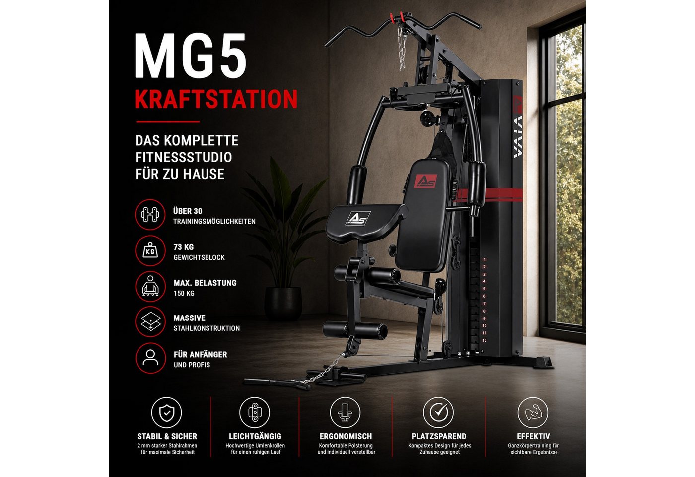AsVIVA Kraftstation MG5 Pro Kraftstation Multi-Gym – Home Gym mit 73 kg Gewichtsblock, 13 Gewichtsblöcke (Trizepsseil, 2 Einzelgriffe, 2 Zugstangen, Montagezubehör), Kabelzugstation, Latzug, Butterfly Bild 4