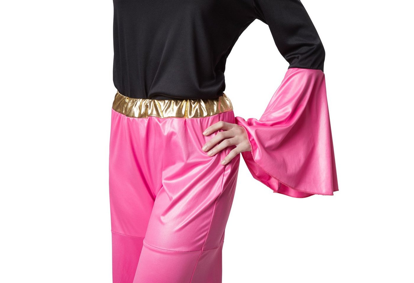 dressforfun Hippie-Kostüm Tänzerin/Partygängerin, Zweiteiliges Disco-Outfit im Stil der 70er, in schwarz/pink, Gr. XXL, Lange Hose mit Gummizug und goldenem Bund