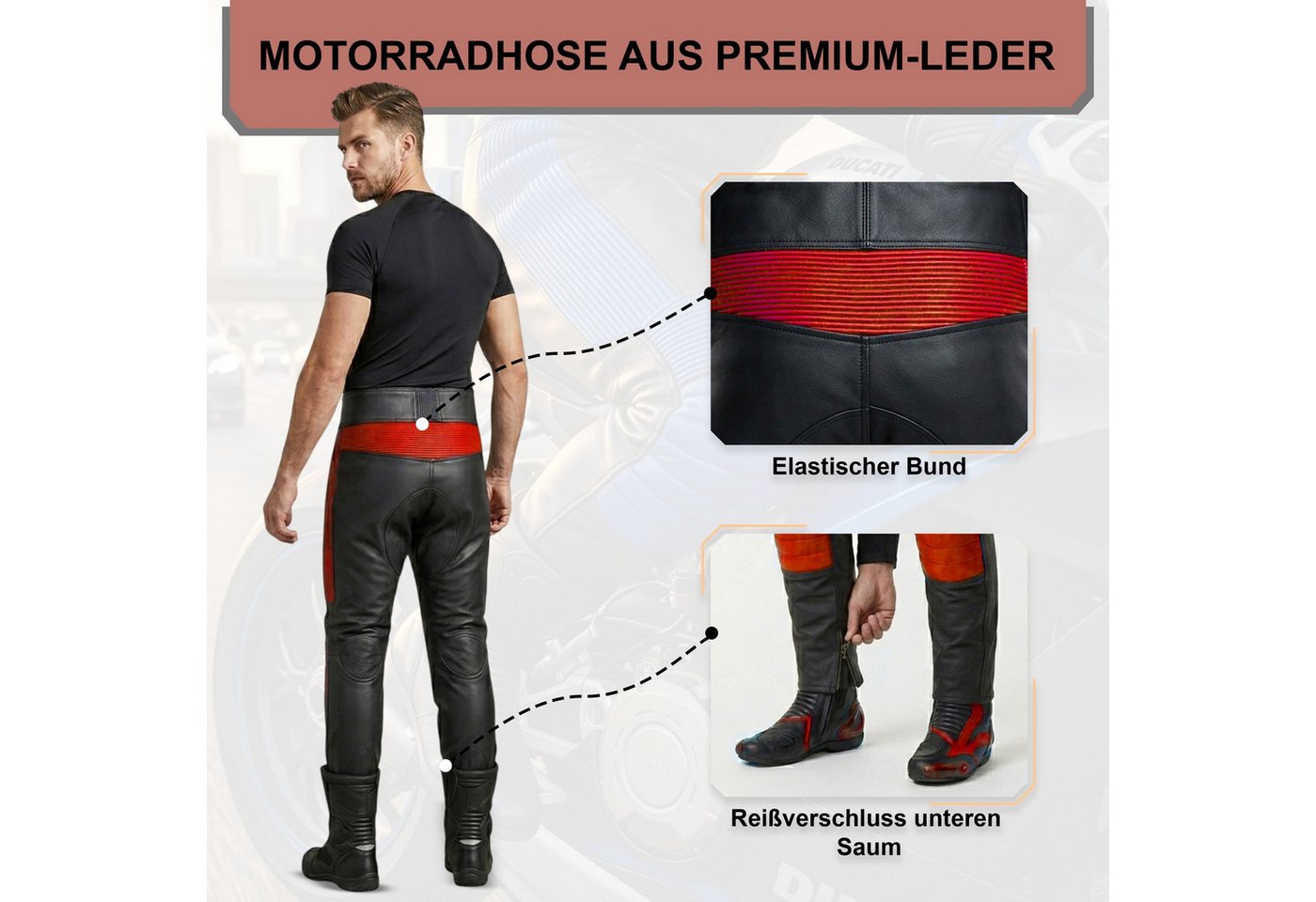 German Wear Motorradhose GW401T Motorradhose Motorrad Biker Lederhose Rindsleder leder hose Schwarz