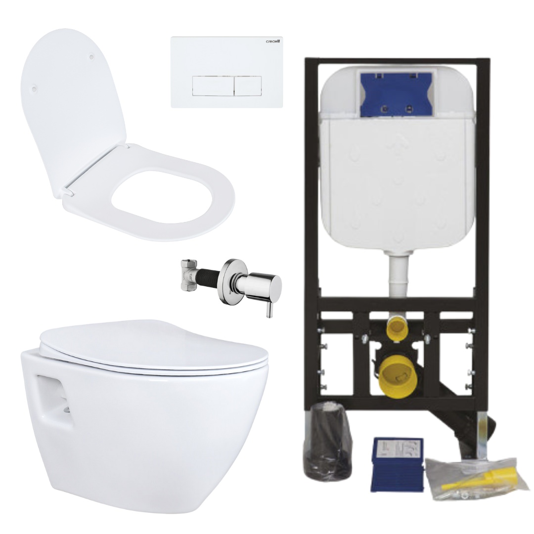 Creavit Hänge Wc Set Weiß Spülrandlos Mit Edelstahl Bidet, Softclose Wc Sitz Und 3/6 l Vorwandelement Unterputz Komplettset