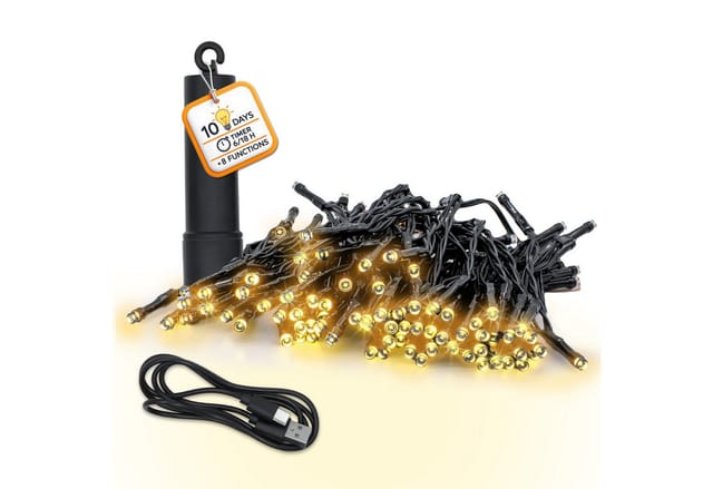 Akku Lichterkette per USB aufladbar bis 10 Tage Leuchtdauer mit Timer - 200 LED auf 15m - Außen Dekolicht warm weiß mit 8 Funktionen