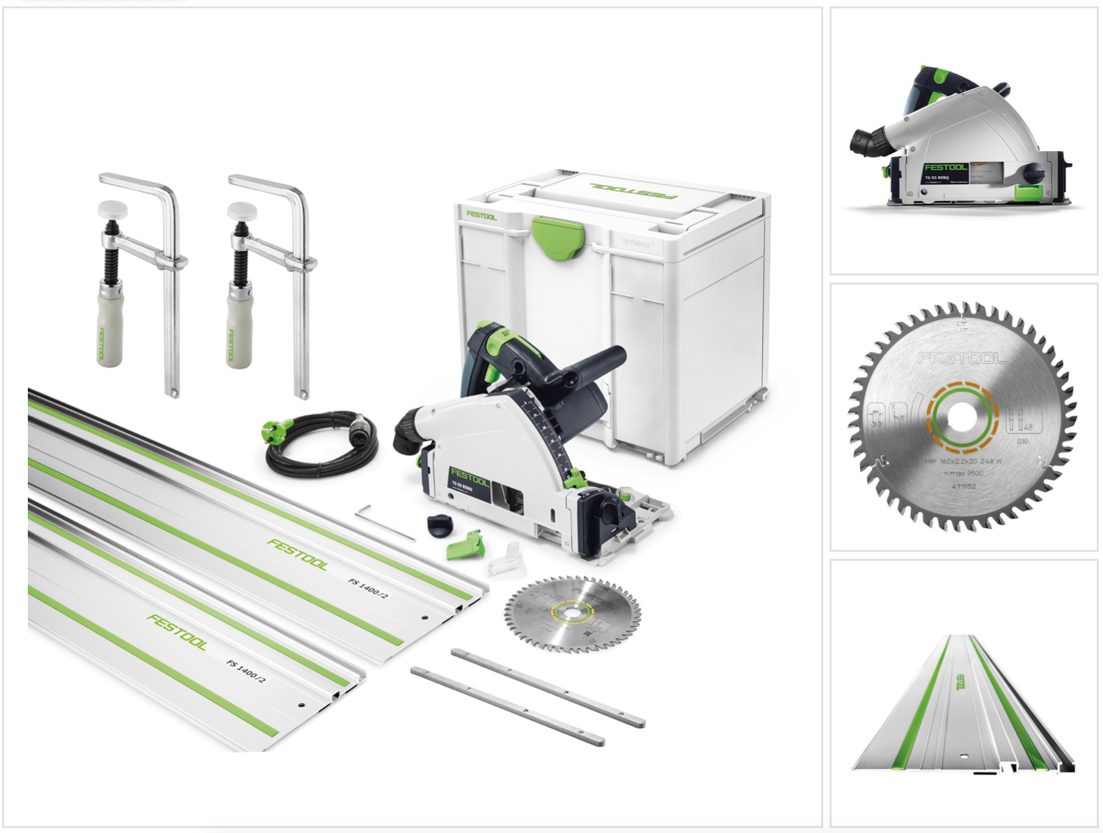 Festool Ts 55 Rebq Camp Set ( 575961 ) Tauchsäge 1200 W + Führungsschienen + Schraubzwingen + Verbinder