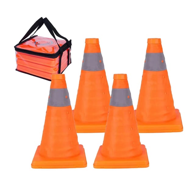 Relaxdays Pylonen, 4er Set, faltbare Leitkegel, Reflektor-Streifen, Faltkegel, HxBxT: 30 x 19 x 19 cm, orange/silber