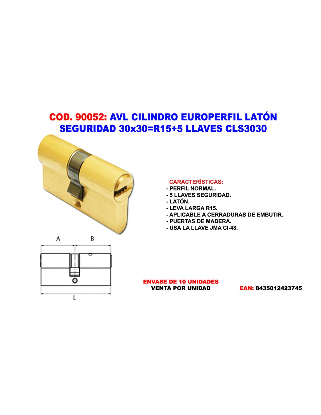 Sicherheitszylinder Europefil Seitenprofil 30x30r15+5 Schlüssel Cls3030