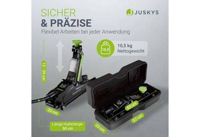 Juskys Wagenheber 2,5 t – Schwarz/Grün, hydraulischer Rangierwagenheber aus Stahl, 85-390mm - mit Transportbox, Auflagen & Zubehör