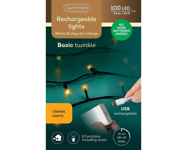 Multifunktions-LED-Lichterkette mit 100 warmweißen LEDs und Batterie, 7,4 m schwarzes Kabel.