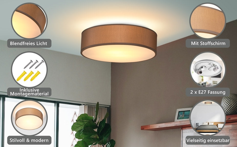 Ceiling Lamp, Fabric Shade, 38 Cm, Taupe, E27 Socket