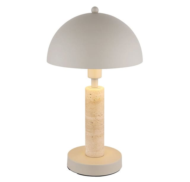 Tischleuchte Beistellleuchte Textil sandfarben Tischlampe Wohnzimmerlampe Travertine Stein, Metall, 1x E14 Fassung, DxH 20x34 cm