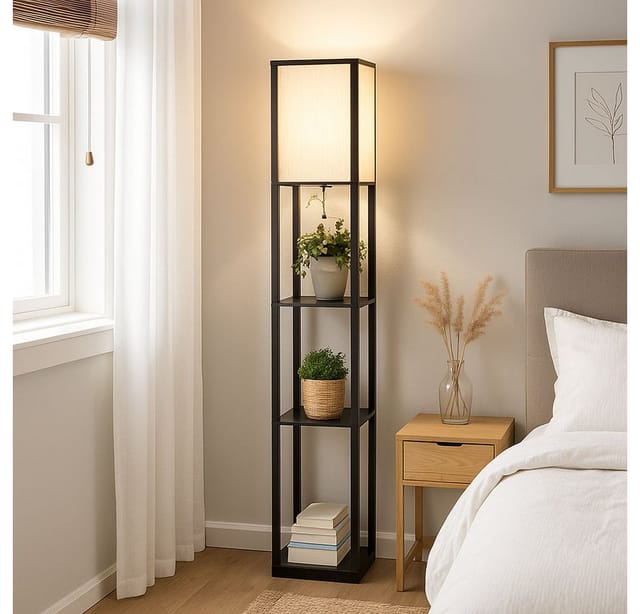 Stehleuchte Holzregal Standlampe Textil schwarz naturfarben Schlafzimmerleuchte stehend, 1x E27 Fassung, LxBxH 26x26x159 cm