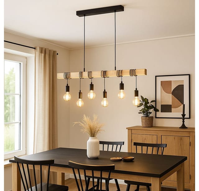 Hängelampe Esstischleuchte Holzbalken Pendellampe höhenverstellbar Wohnzimmerlampe 6 flammig, 6x E27, LxH 100 x 191,5 cm