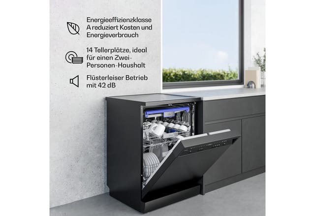 Klarstein Velaire Spülmaschine 60cm - Freistehend, 14 Plätze, 9 Programme, 42 dB, A Energieklasse, AquaStop, Kindersicherung, Geschirrspüler 60 cm,