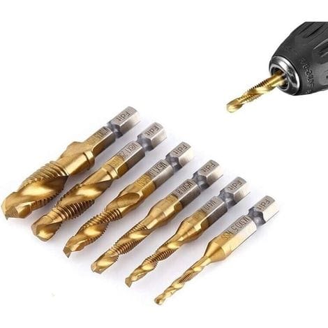 6-teiliges Set Bestehend Aus Titanbeschichteten Hss-bohrern Der Größen M3 Und M10 Sowie 1/4"-gewindebohrern Mit Metrischem Gewinde Und Sechskantschaft.