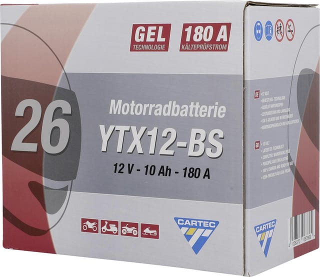 Cartec Gel Motorradbatterie YTX12-BS 12Ah 240A Gel-Batterie