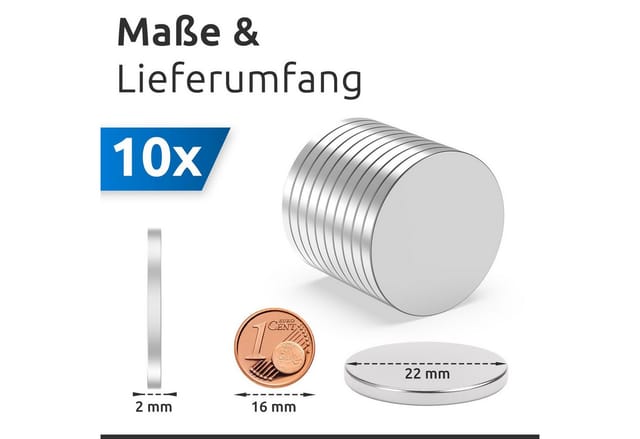10x Neodym Magnete rund 22x2mm - NiCuNi-Beschichtung - Extrem Stark