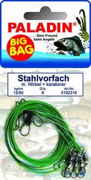 Paladin BigBag Stahlvorfach Wirbel Gr. 6 + Karabiner 15 kg / 50cm Angelhaken