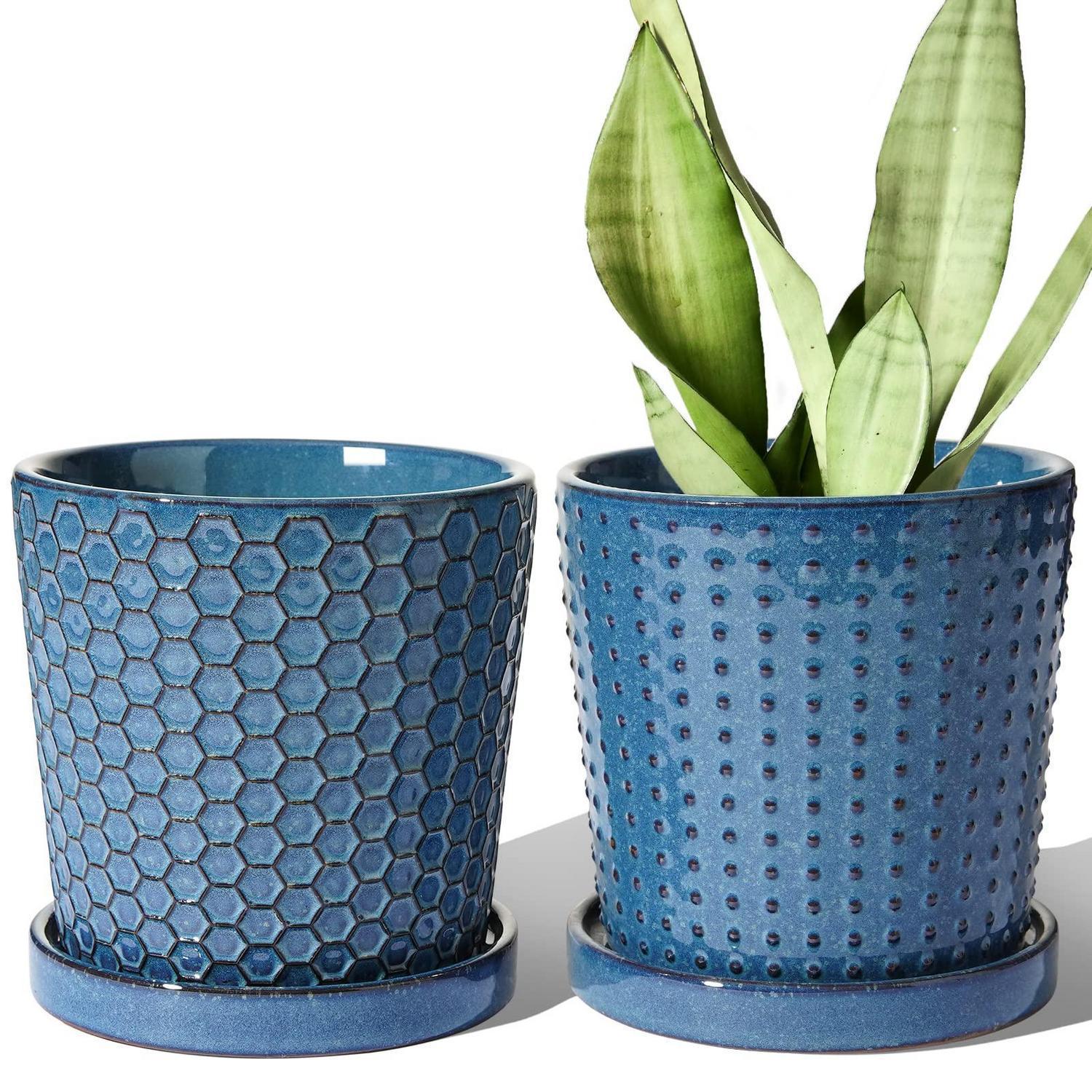 Keramik Blumentopf 2er-set Mit Untersetzer, 13.5cm, Blau, Für Zimmerpflanzen