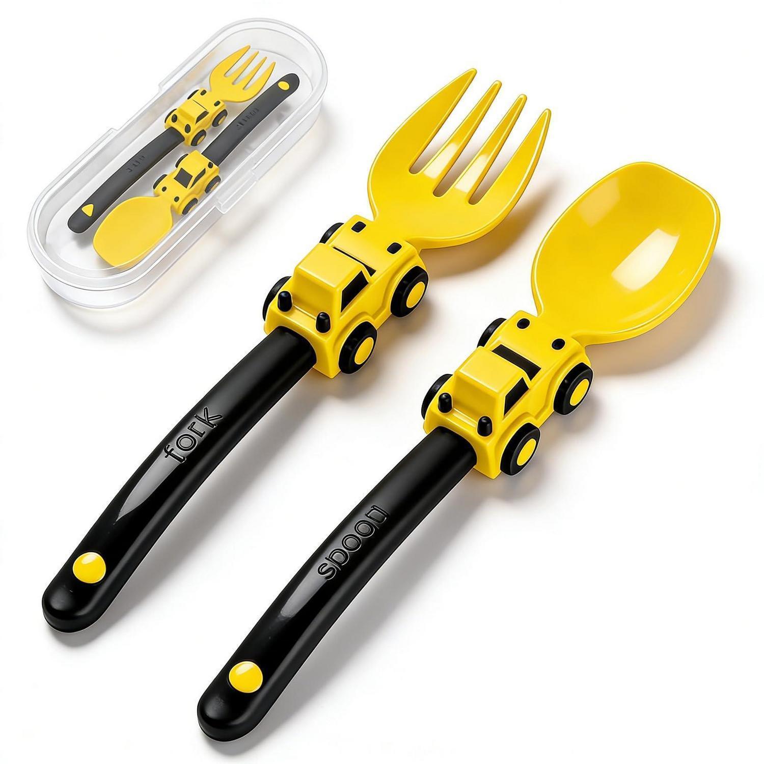 Baby Besteck Set 2-teilig Mit Aufbewahrungsbox, Silikon Löffel & Gabel, Gelb