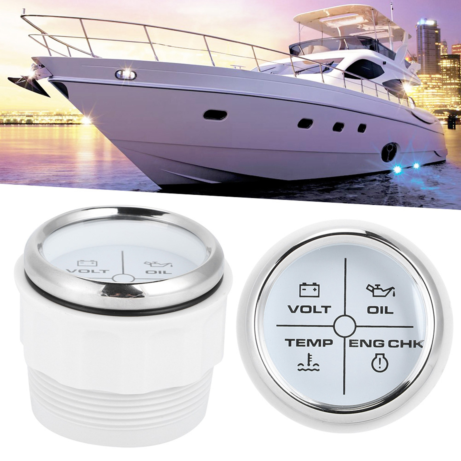Universeller 52-mm-schiffsalarm-anzeiger, 4-led-alarmdruckanzeige, Öl-/wasserdruckalarm, Motortemperatur-/spannungsalarm, 12/24-v-multifunktionsinstrument, Weißes Zifferblatt, Silberner Rahmen