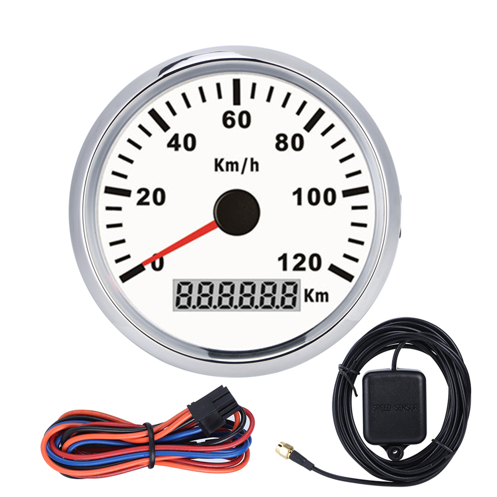 Universeller Gps-tachometer 85 Mm, 0-120 Km/h, Für Autos, Lkws, Boote Und Motorräder, 12 V/24 V, Mit Gps-antenne, Weißem Sockel Und Silbernem Rahmen.