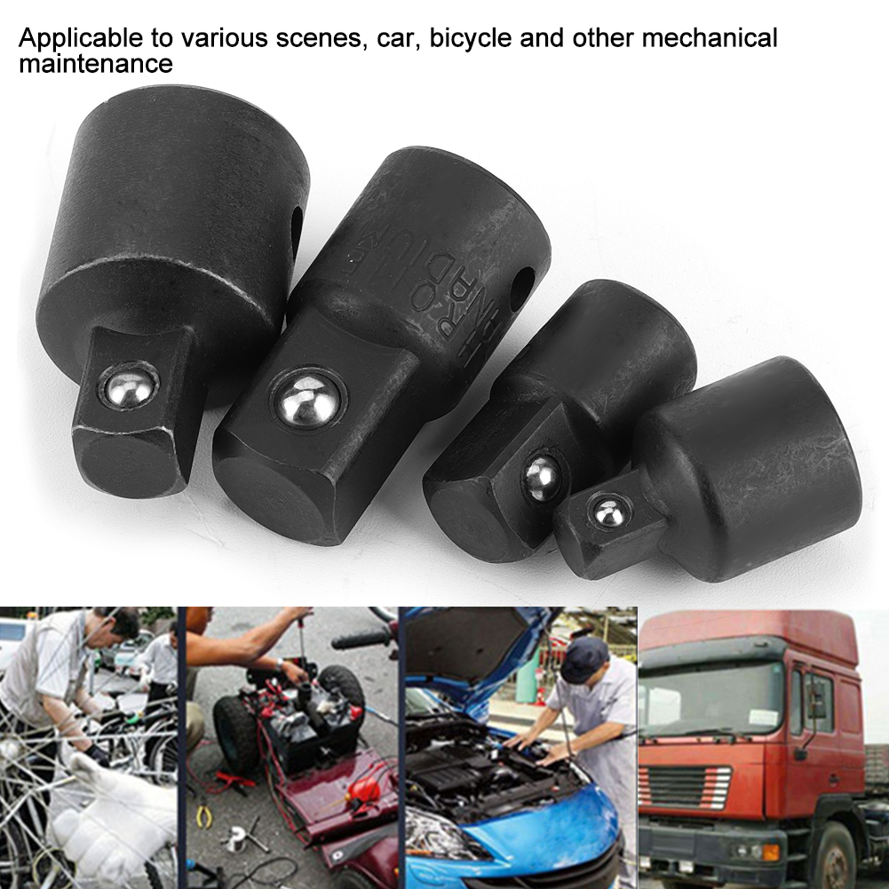 1/4"-elektroschrauberadapter, 3/8"-1/2"-adapter, Handwerkzeugadapter, Vierkant-steckschlüsseladapter, Druckluft-steckschlüsseladapter, Vierteiliges Set, Schwarz.
