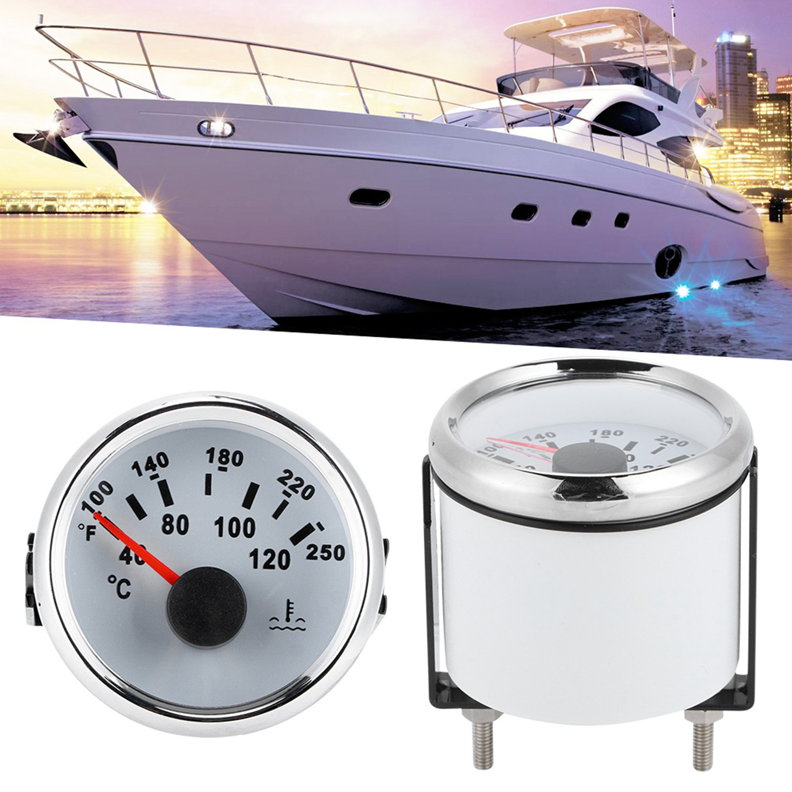 52-mm-schiffswasserthermometer, Elektromechanisch, Geeignet Für Wohnmobile Und Boote (40–120 °c), Weißes Zifferblatt, Silberner Rahmen