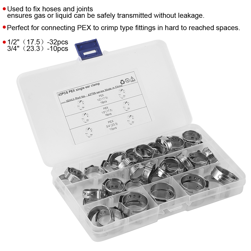 Packung Mit 42 Einohrigen Pex-schlauchschellen Aus Edelstahl, 1/2" Und 3/4".