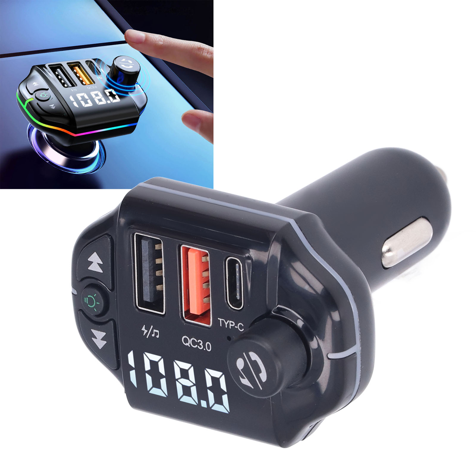 Qc3.0 Bluetooth-kfz-adapter + Usb-c-schnellladegerät Mit Siebenfarbiger Led-ambientebeleuchtung Und Freisprechfunktion