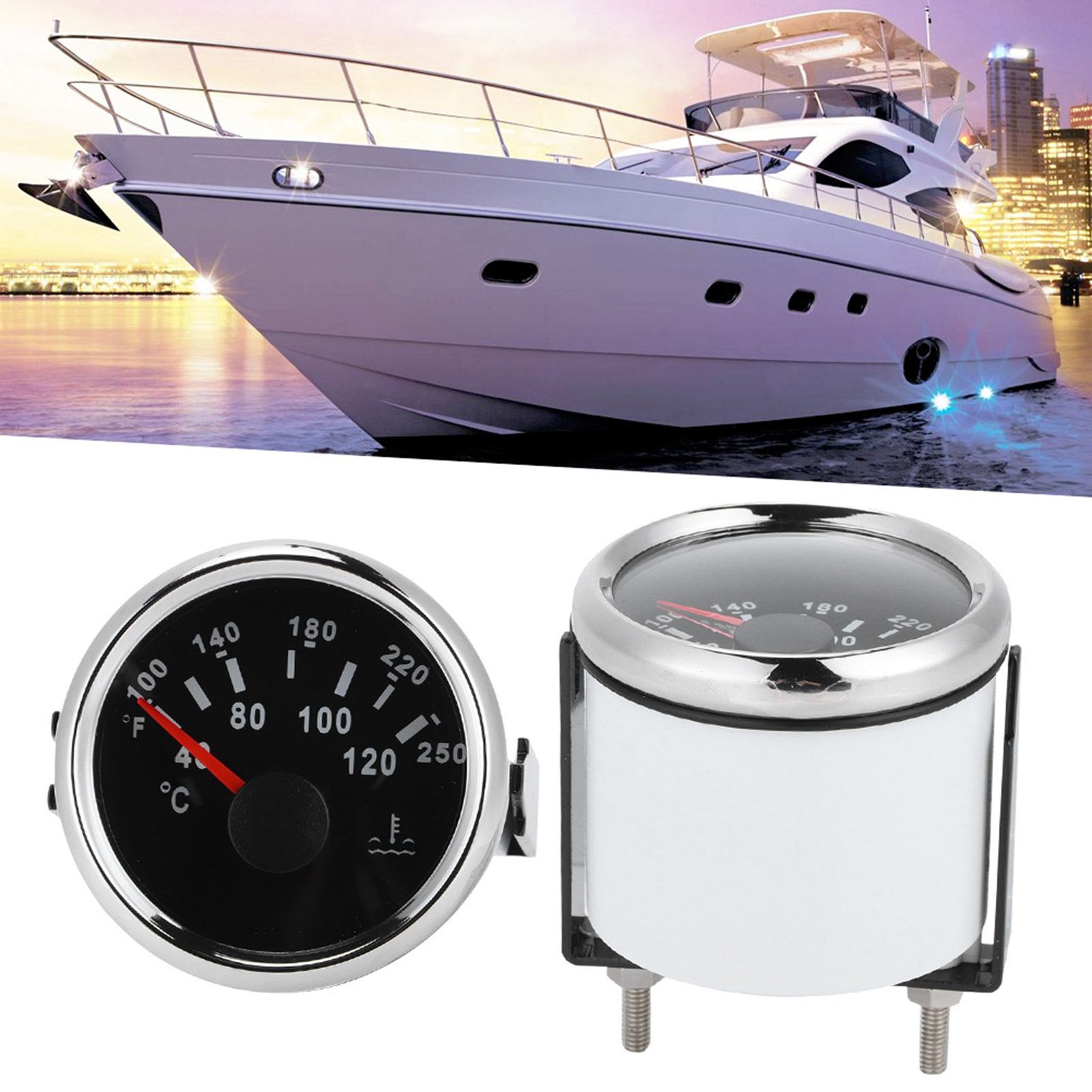 52-mm-schiffswasserthermometer, Elektromechanisch, Geeignet Für Wohnmobile Und Boote (40–120 °c), Schwarzes Zifferblatt, Silberner Rahmen
