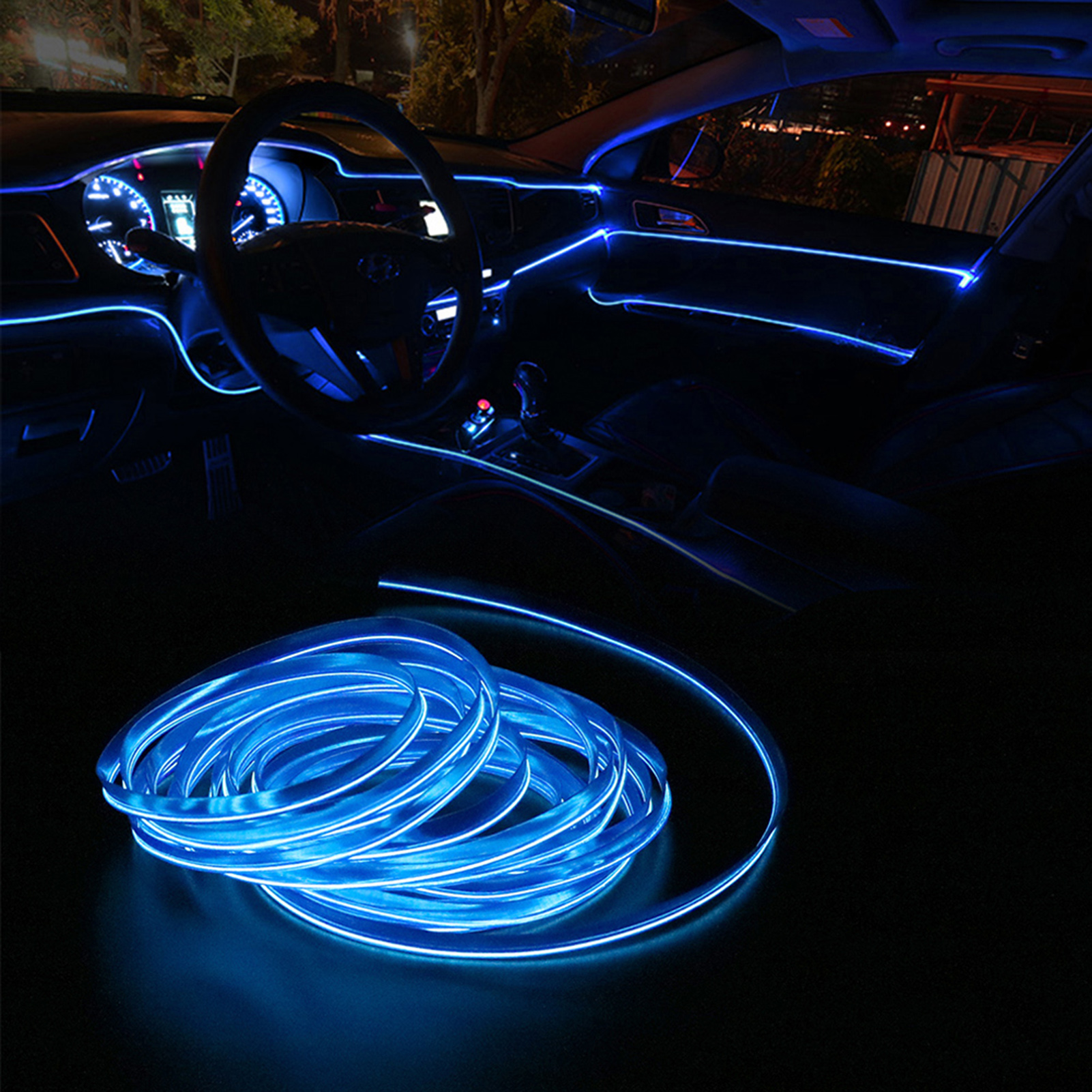 3 Meter Langer Led-lichtstreifen Mit El-rand Für Den Fahrzeuginnenraum, Stromversorgung Über Den Zigarettenanzünder, In Blauer Farbe.