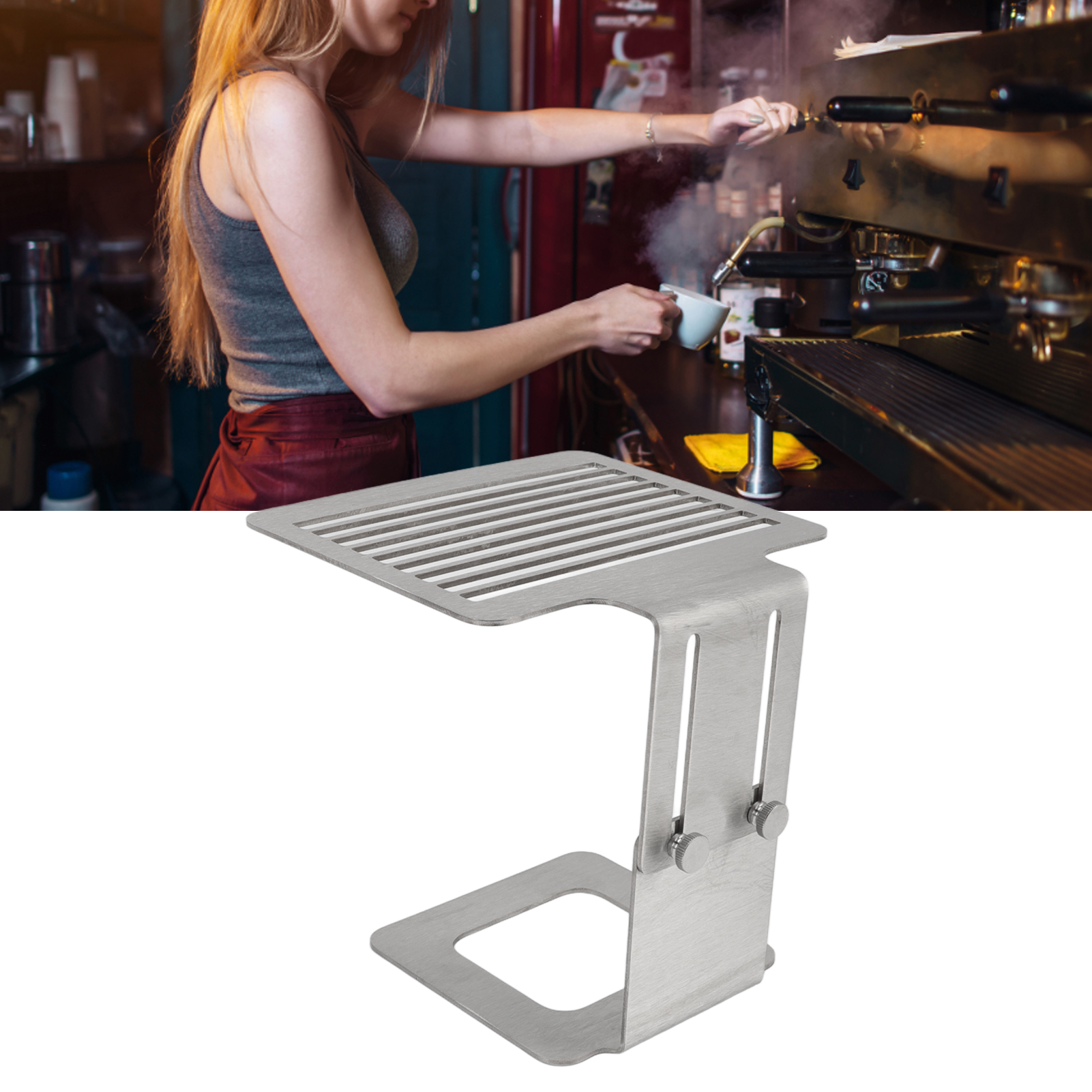 Kaffeewaagenhalterung Modell B, Elektronische Waage Für Espressomaschinen, Hebevorrichtung, Edelstahlrahmen, Silberfarben, Einstellbar Für Extraktion Und Wiegen.