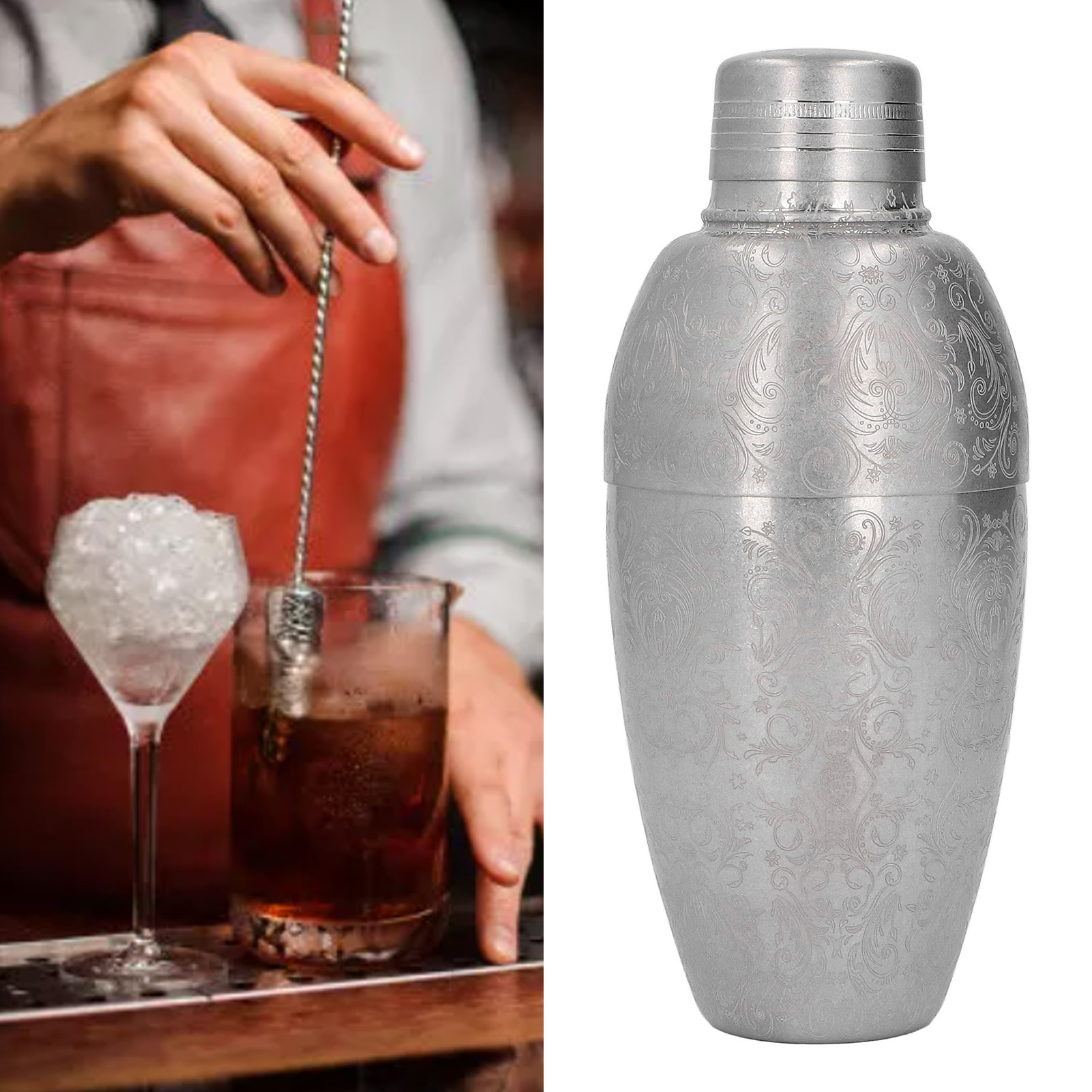 Amerikanischer Barmixer Aus Edelstahl 304, Dekorativer Dreikammer-shaker, Graviertes Und Geätztes Barzubehör