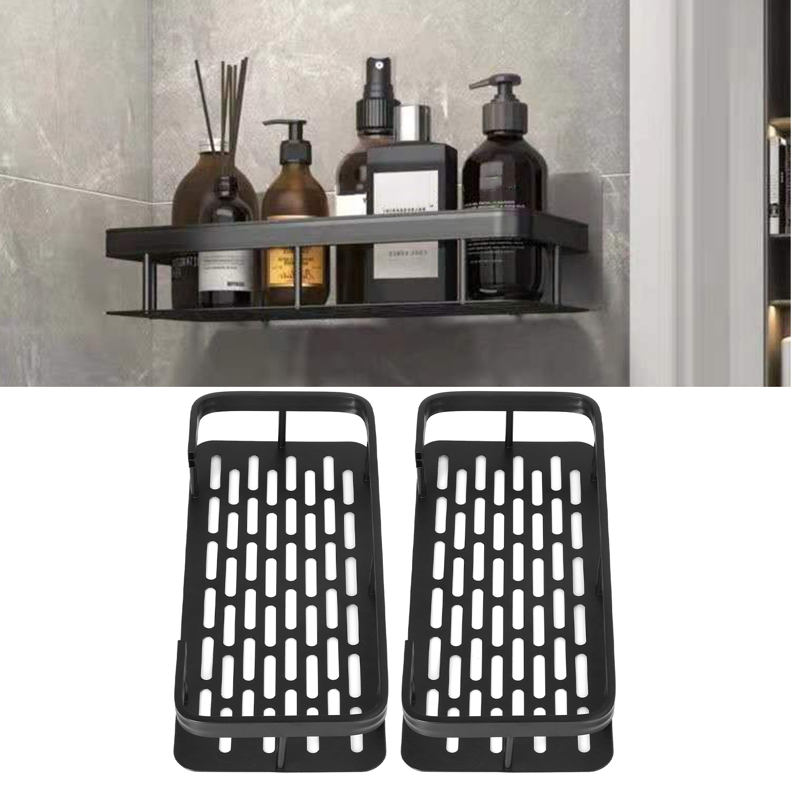 Doppellagiges Badezimmer-ablageregal, Rechteckiges Duschablageregal Ohne Bohren, Schwarz.